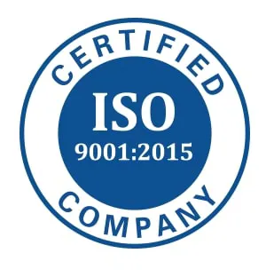 ISO 9001:2015 certified company seal, blue circle with white text: "CERTIFIED" and "COMPANY" surrounding "ISO 9001:2015.