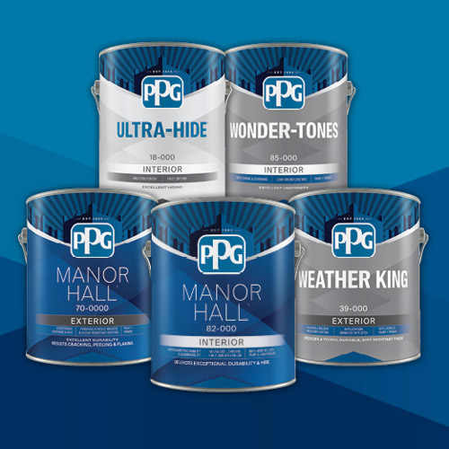 Five cans of PPG paint products labeled Ultra-Hide interior, Wonder-Tones interior, Manor Hall exterior, Manor Hall interior, and Weather King exterior on a blue background.